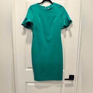 Calvin Klein Teal Midi Dress with Ruffle Sleeves
